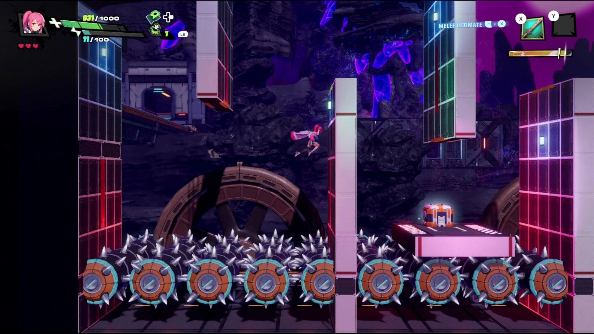 RELOADIAN: Pink-haired hero mid-jump over spinning spike traps in neon sci-fi cavern platforming stage.