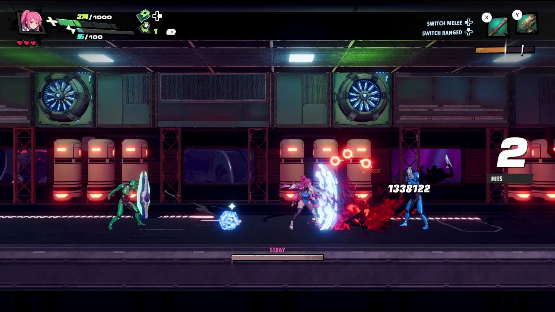 RELOADIAN: Pink-haired fighter slashes a blue foe, 2-hit combo in a sci-fi corridor arena.