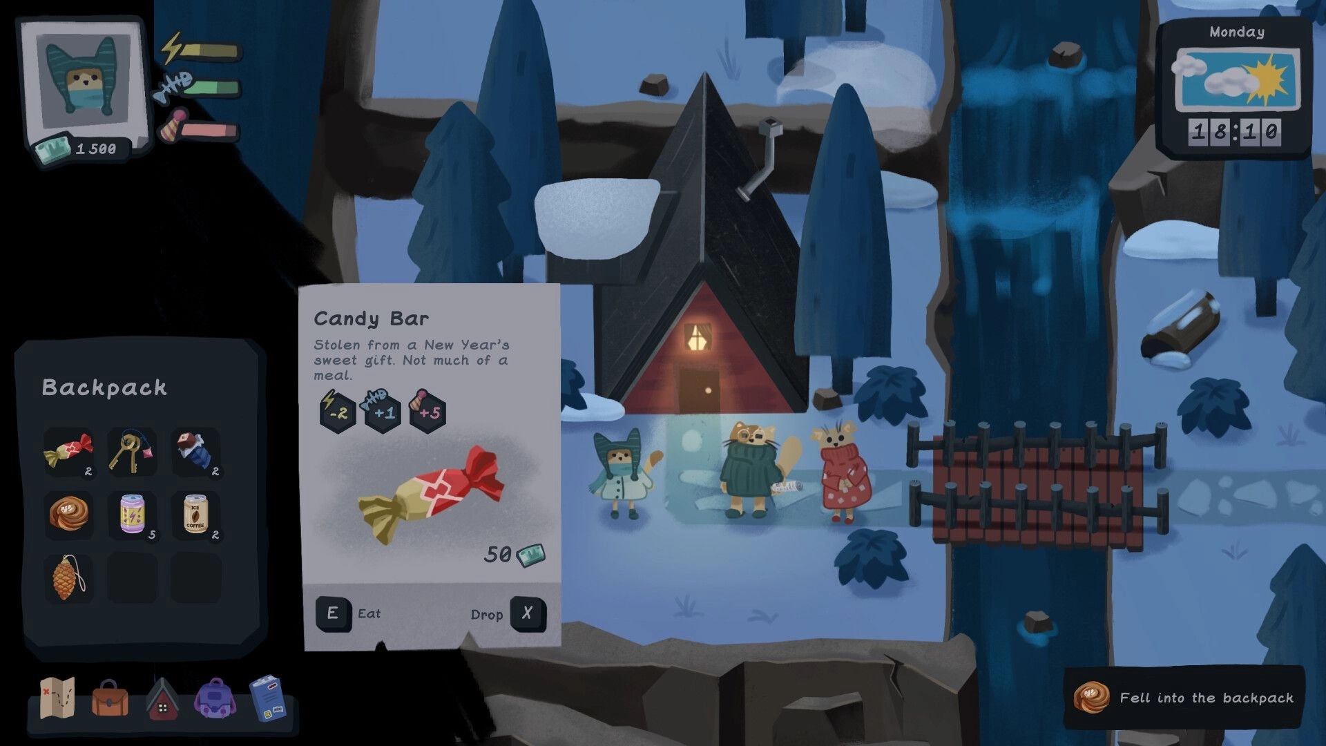 Relocat: Inventory menu open, showing candy bar; three cats outside a snowy cabin near waterfall