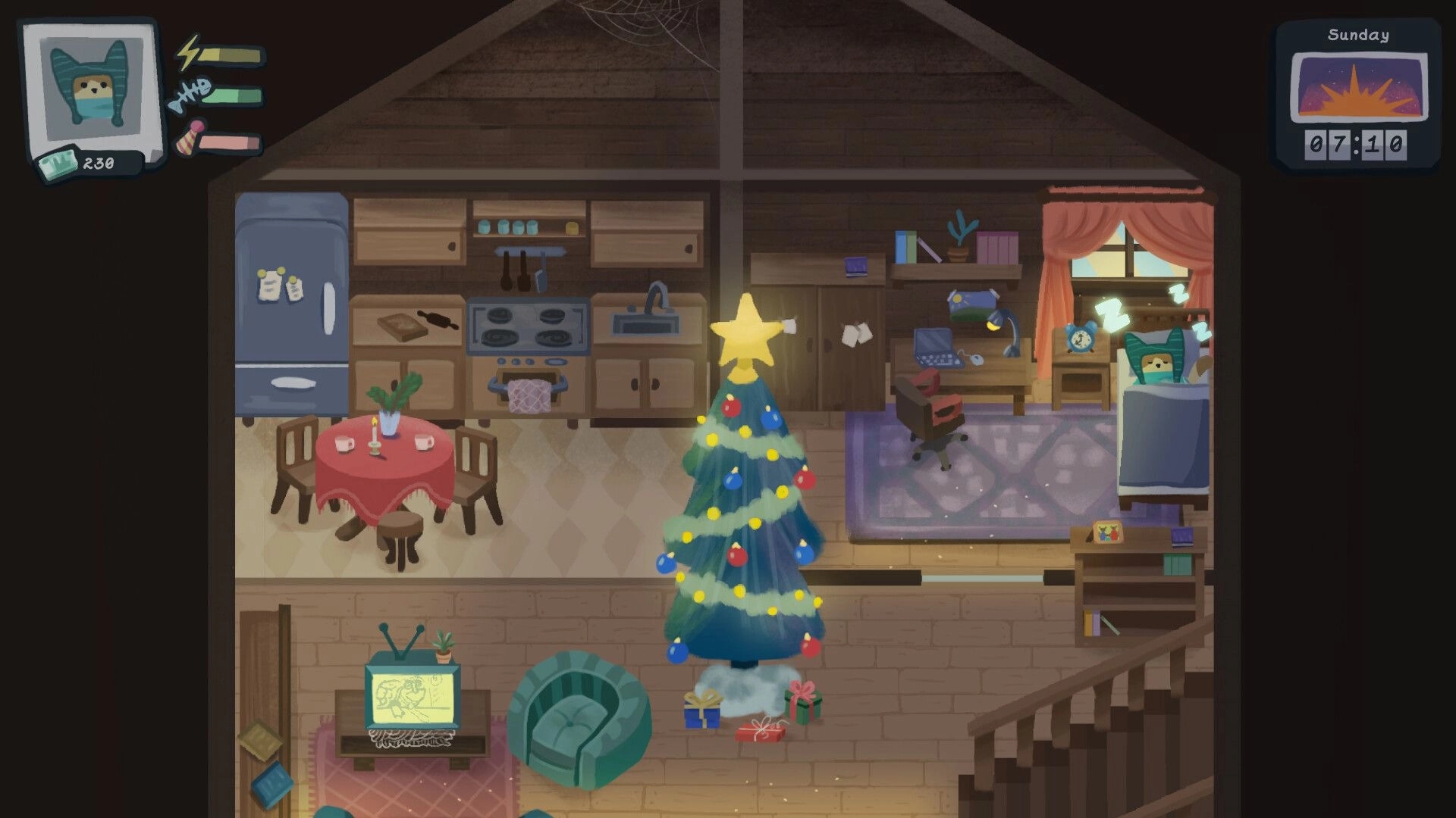 Relocat: Cozy living room with decorated Christmas tree, sleeping cat, and morning light through window.
