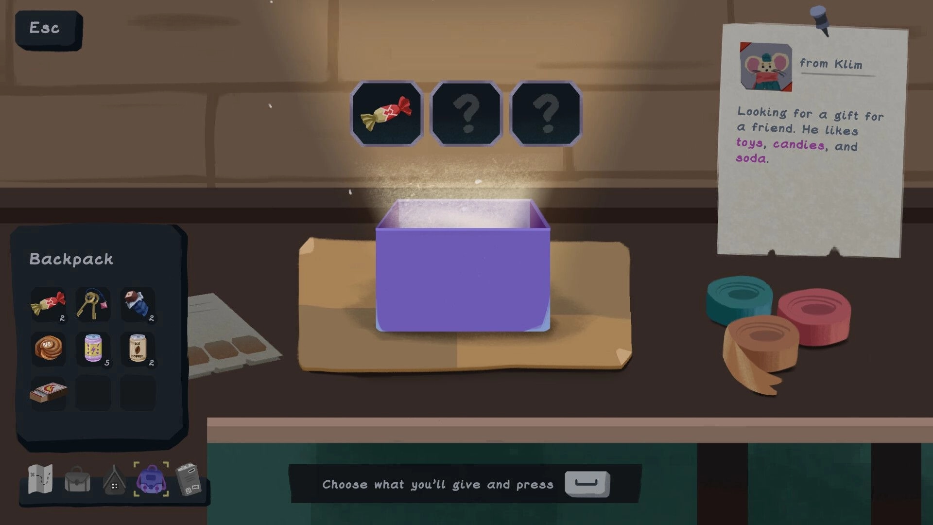 Relocat: Inventory selection with gift box on table, note from Klim, and wrapping materials nearby