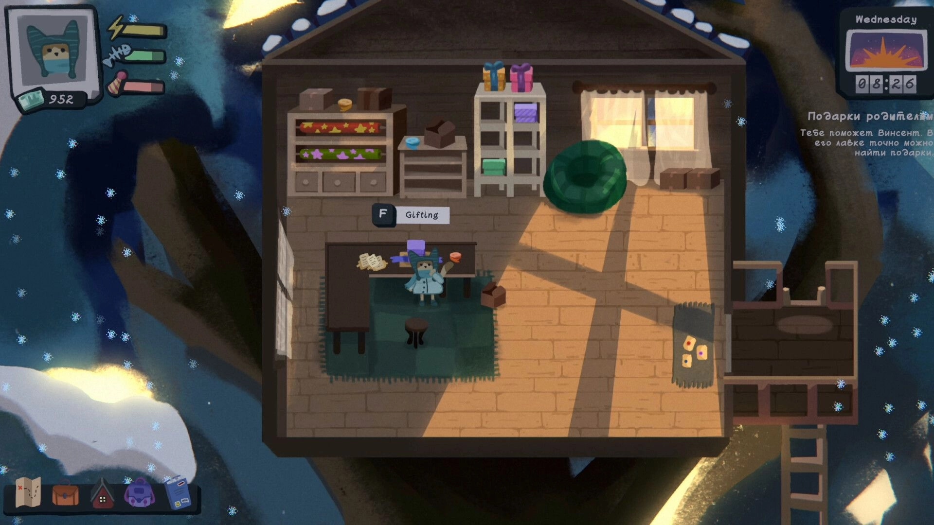 Relocat: Young cat crafting gifts inside a cozy room, inventory displayed in a snowy village setting.