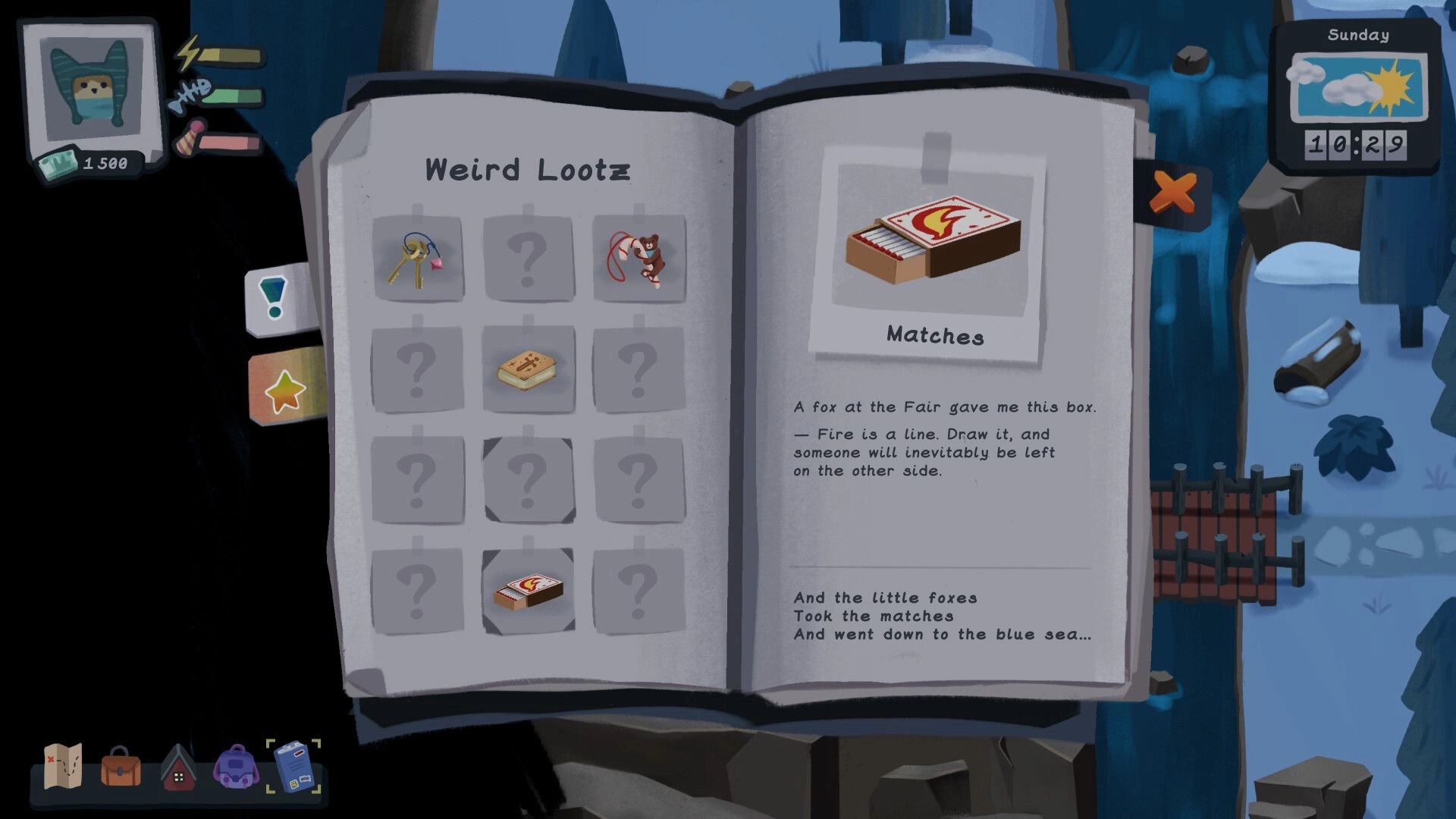 Relocat: Inventory book open displaying "Weird Lootz" items with a matchbox, set in snowy village scene.