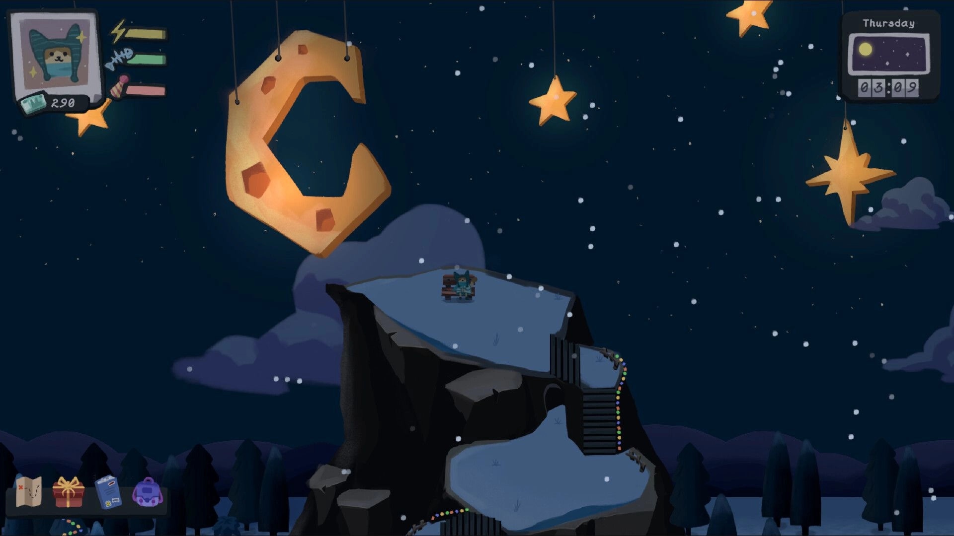 Relocat: Cat character sits on snowy cliff under night sky, UI shows energy and time at 03:09 Thursday
