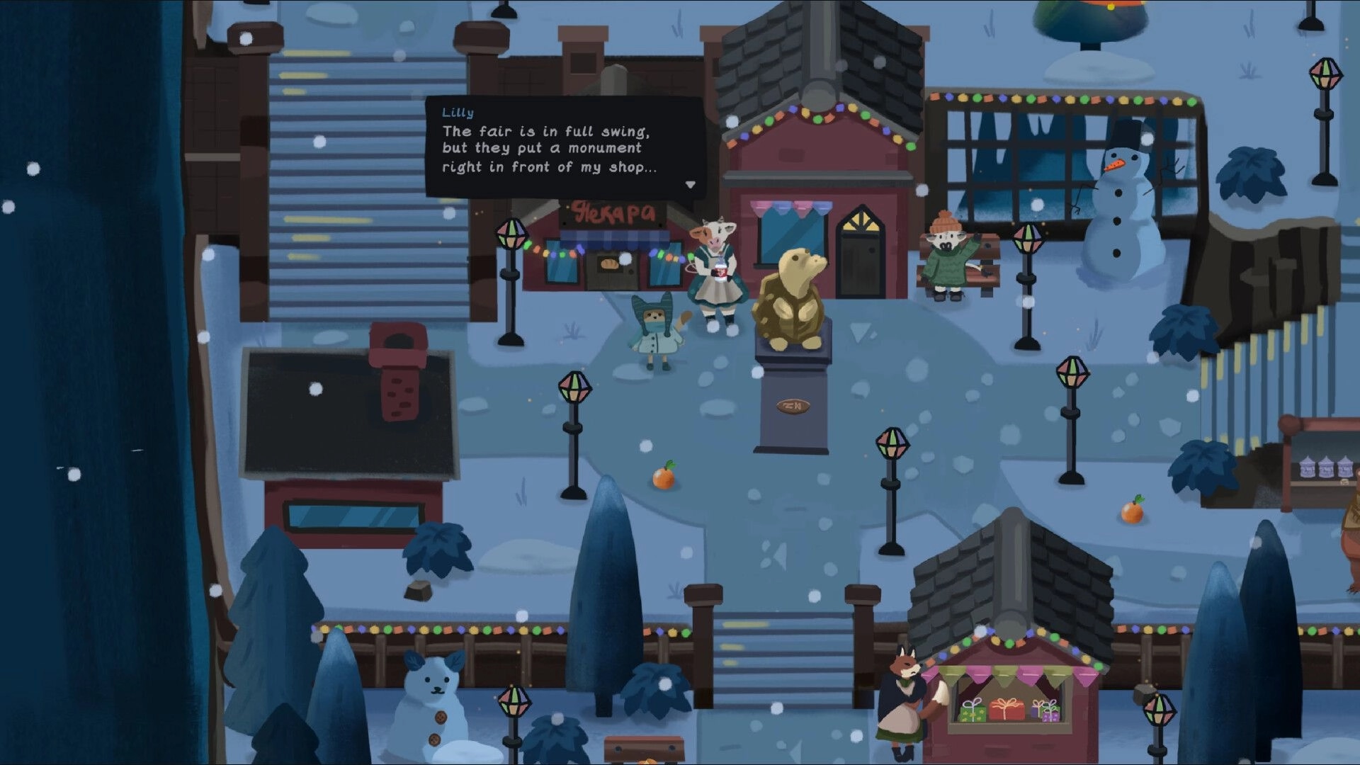 Relocat: Lilly talks near a statue in a snowy village square adorned with festive lights and shops.