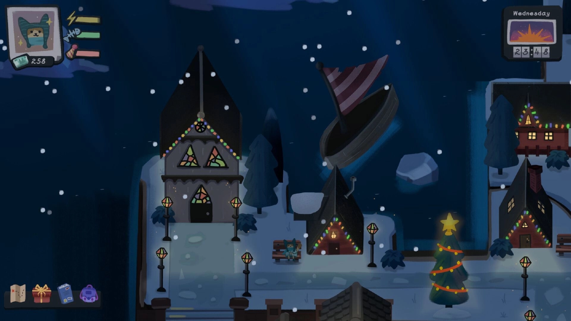Relocat: Cat sits on bench in snowy village with decorated houses and Christmas tree under night sky.