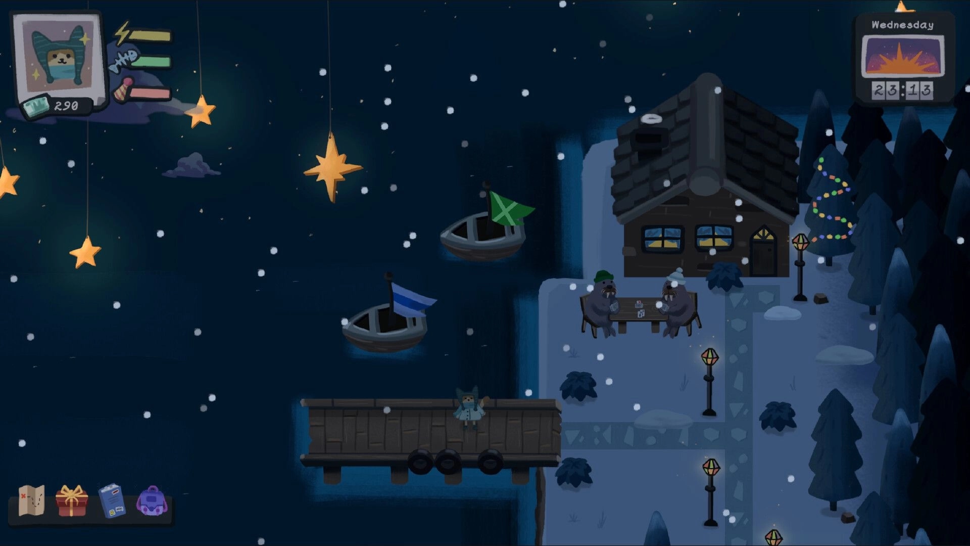 Relocat: Cat on snowy dock with inventory, lanterns, stars, and villagers outside cozy cabin at night