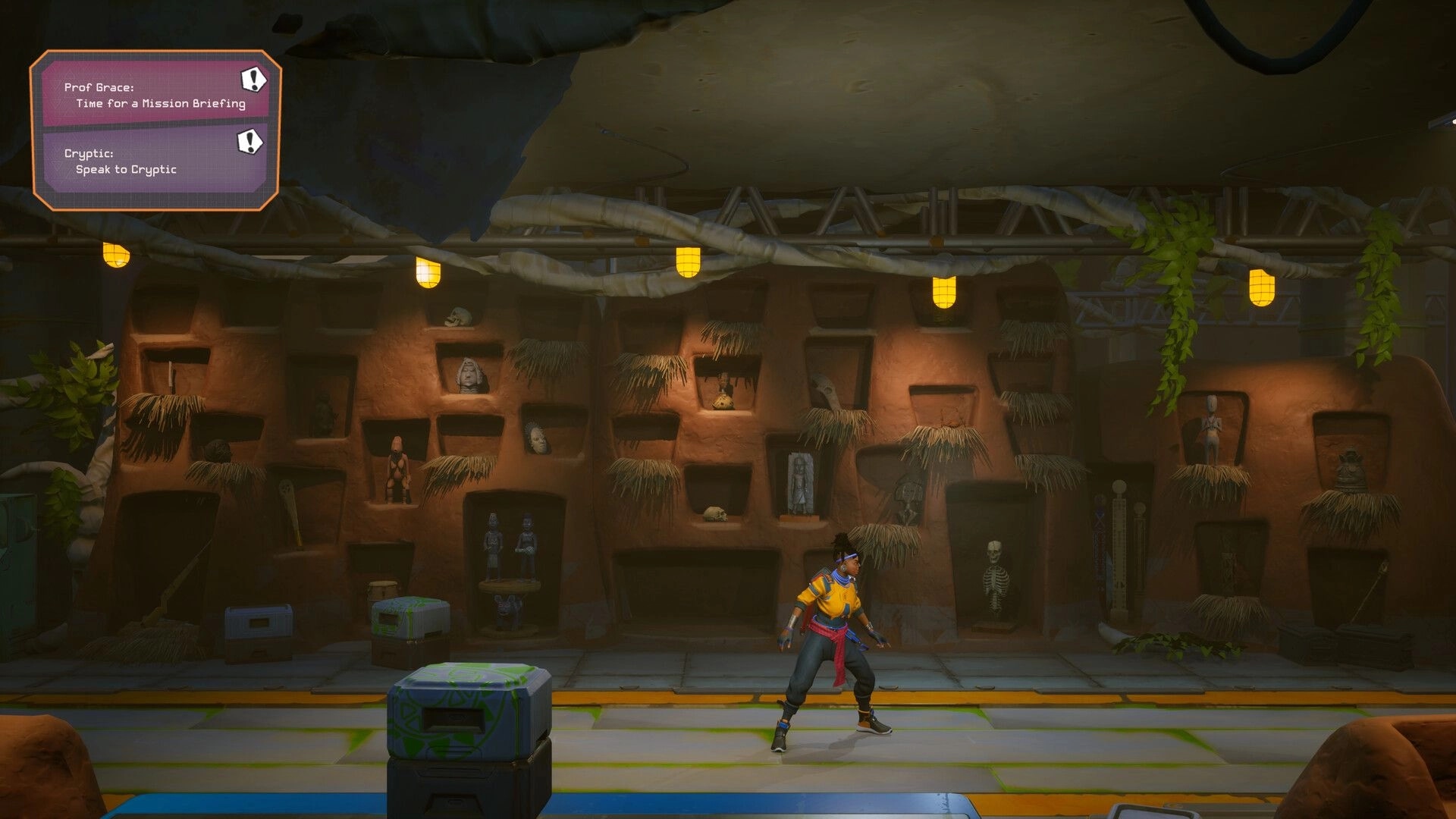 Relooted: Character in artifact-filled museum room with mission objectives displayed on the upper left.