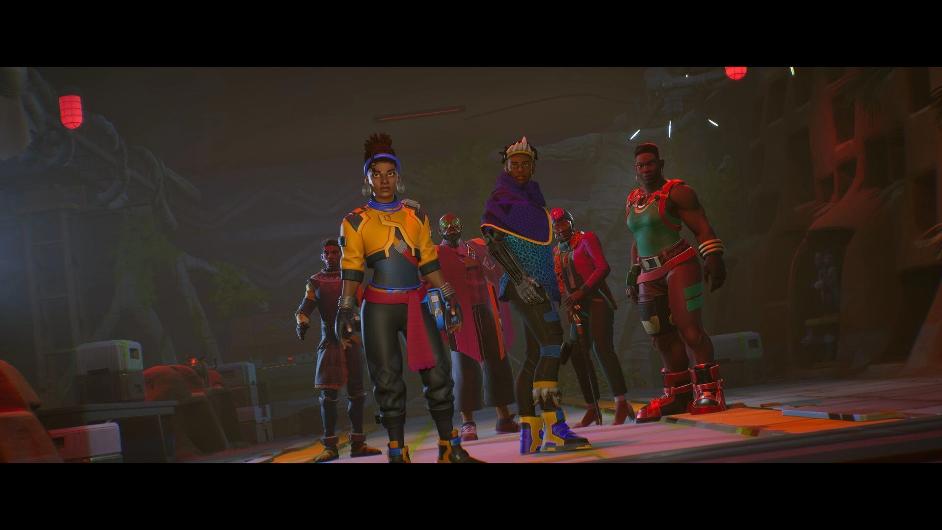 Relooted: Diverse crew of characters standing in a dimly lit museum heist planning room.