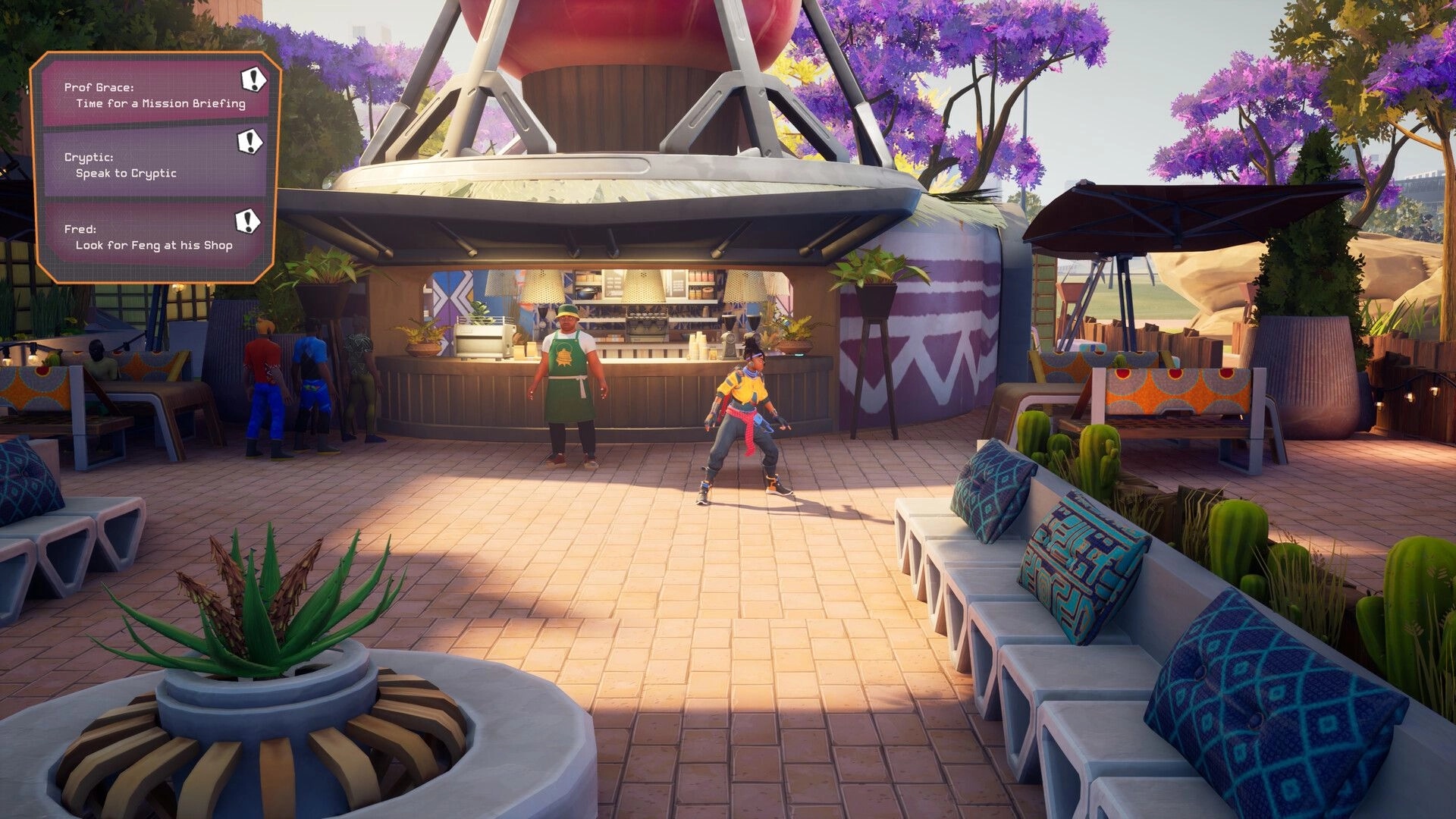 Relooted: Character stands in vibrant marketplace, mission objectives listed on the left UI panel