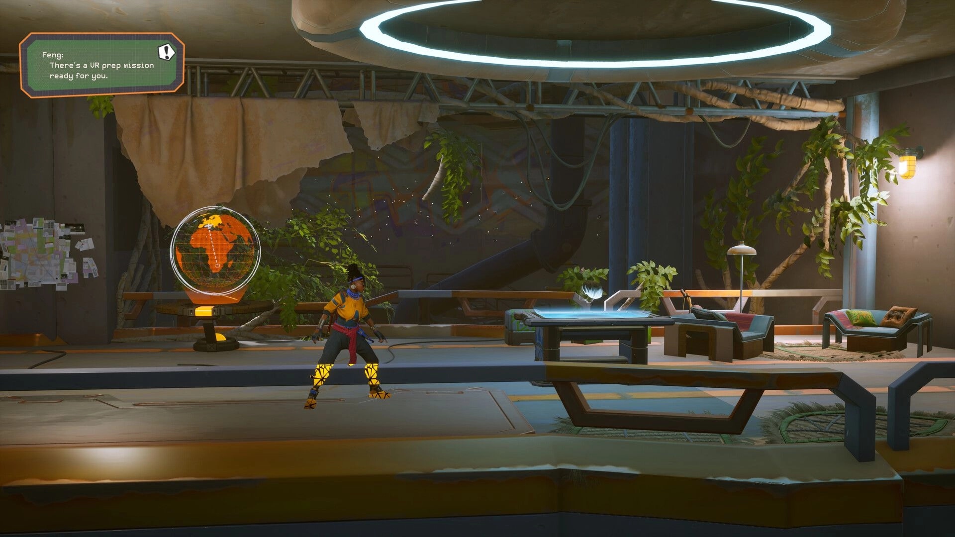 Relooted: Character stands in a futuristic room with a holographic map and mission dialogue on screen