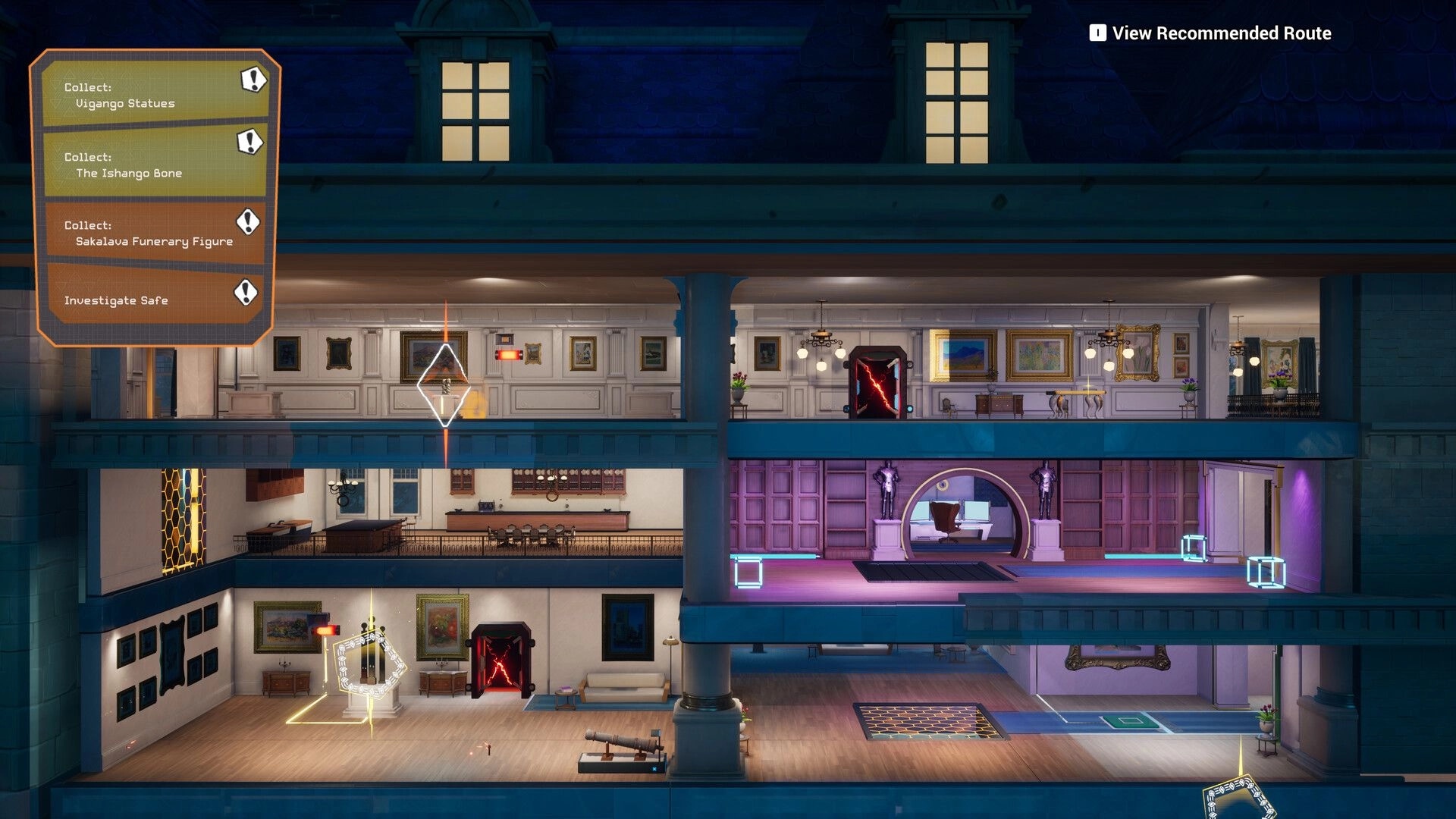 Relooted: Multi-level museum heist scene with active objectives and glowing artifact locations visible