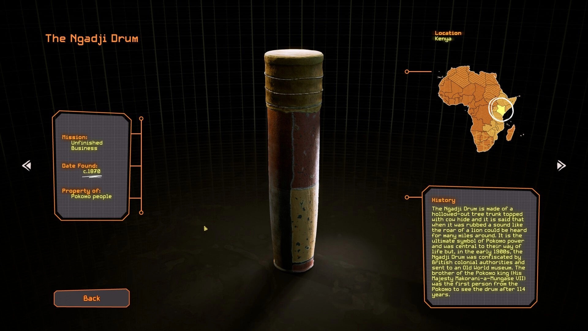 Relooted: The Ngadji Drum artifact details with mission info and map of Kenya in digital display.