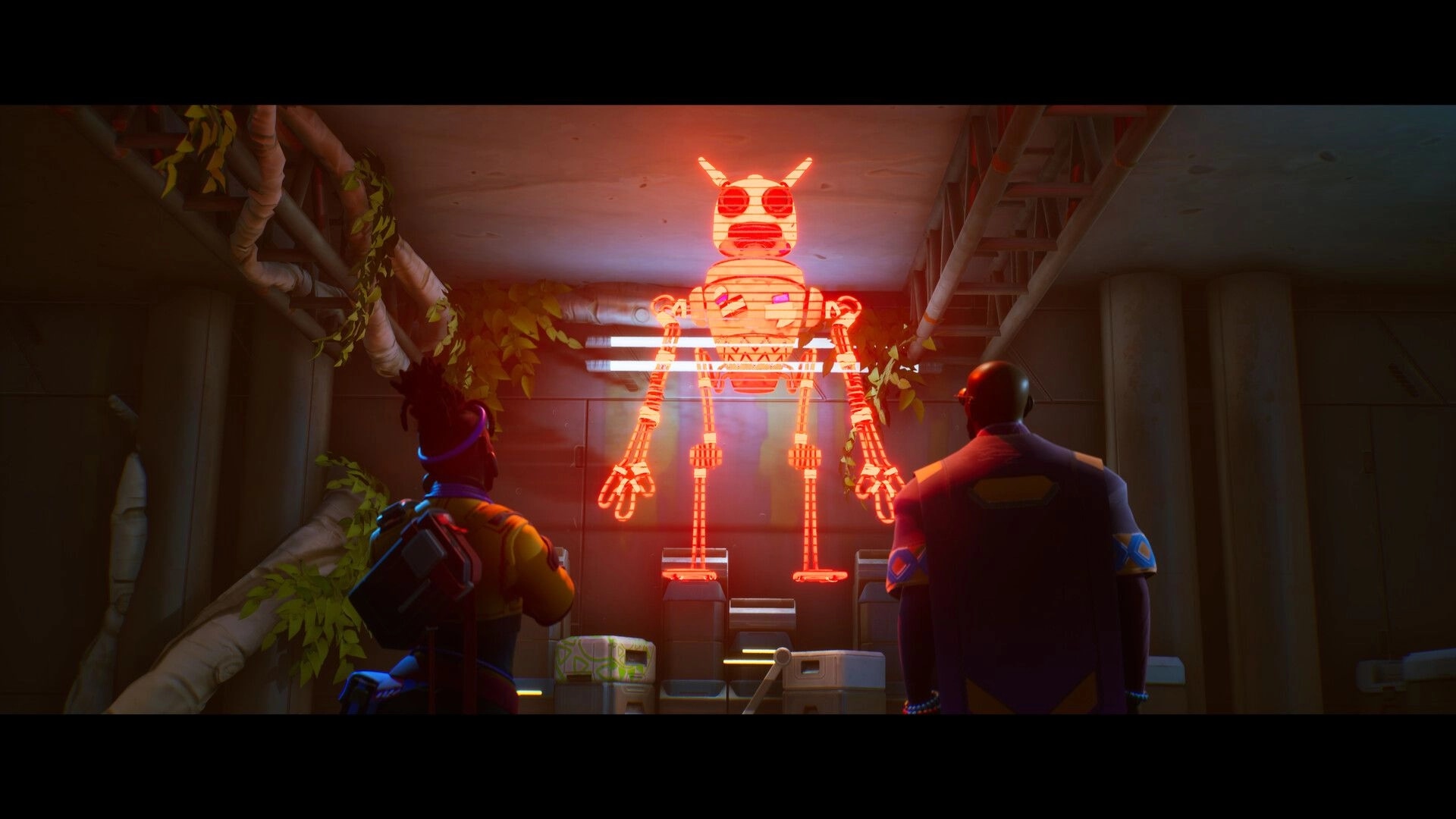 Relooted: Two characters face a glowing red holographic robot in an underground room with foliage.