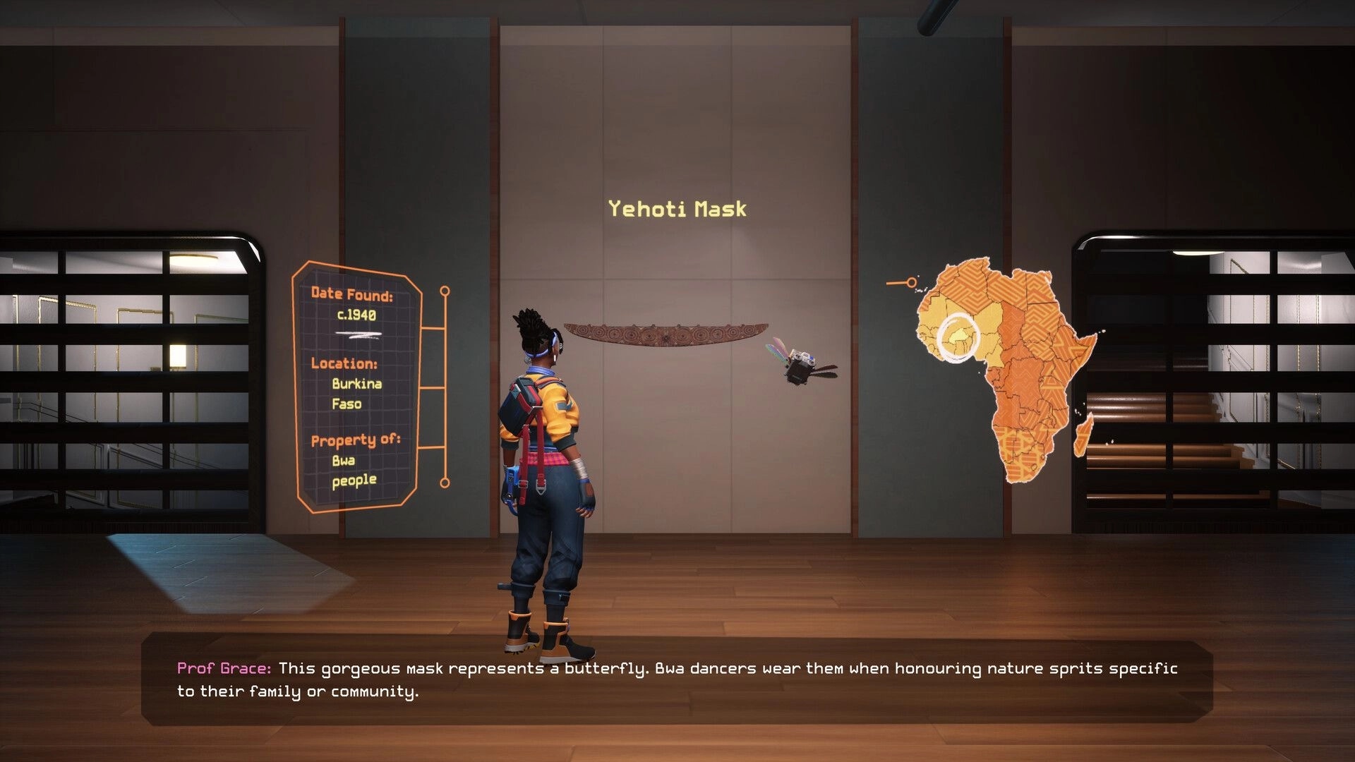 Relooted: Player examines Yehoti Mask with historical data overlay in modern museum setting