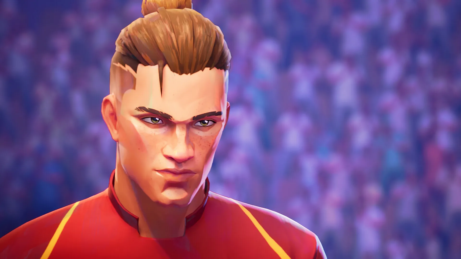 REMATCH: Focused player character in red jersey with blurred stadium crowd in background