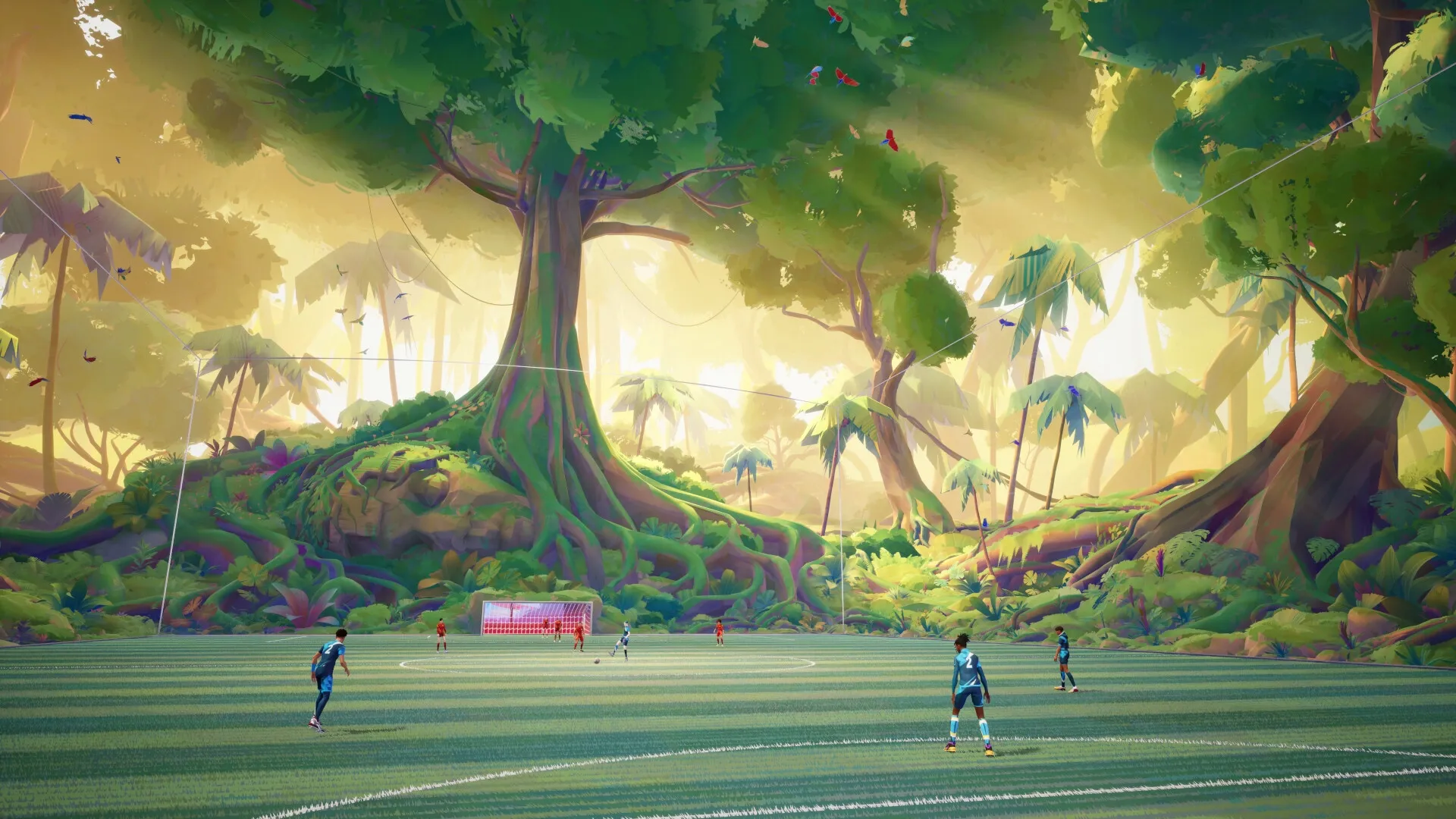 REMATCH: Players in blue jerseys on a soccer field set in a vibrant jungle with towering trees