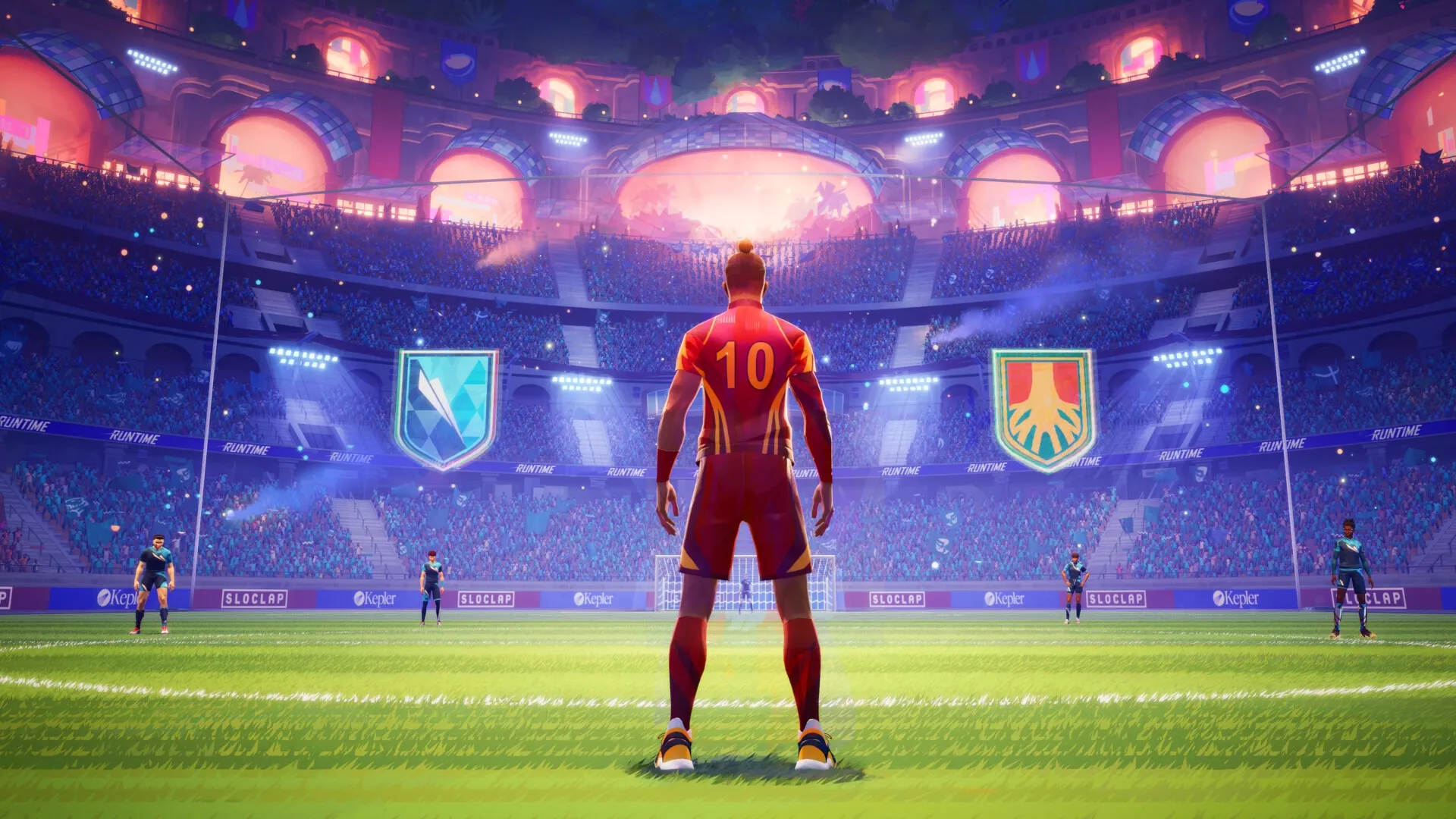 REMATCH: Player with jersey number 10 stands ready on a vibrant stadium field with cheering crowds