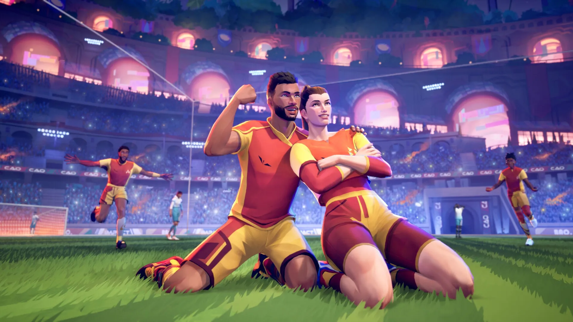 REMATCH: Players celebrate victory in a vibrant stadium with cheering crowd and teammates in the background.