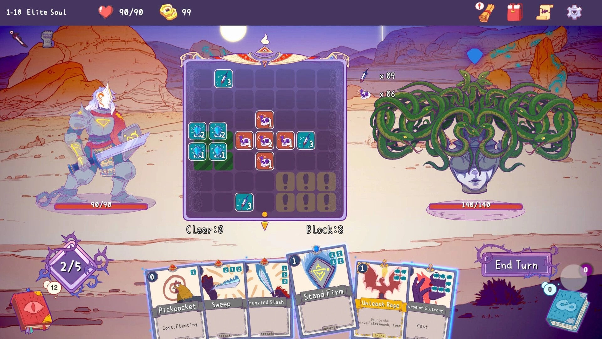 Remnants of Sin: Hero in combat against a Medusa-like creature, deck cards displayed in desert setting