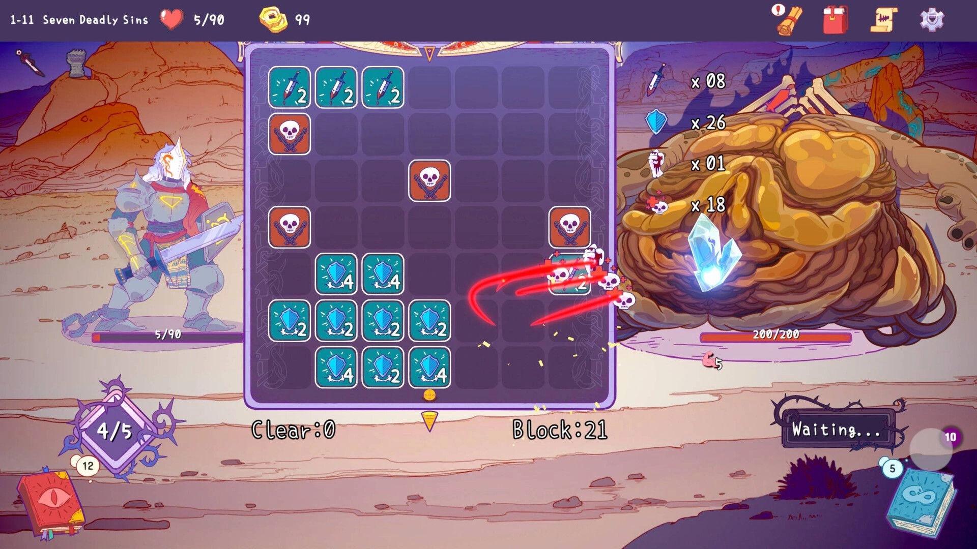 Remnants of Sin: Hero battles giant demon using block puzzle mechanics in a desert environment.