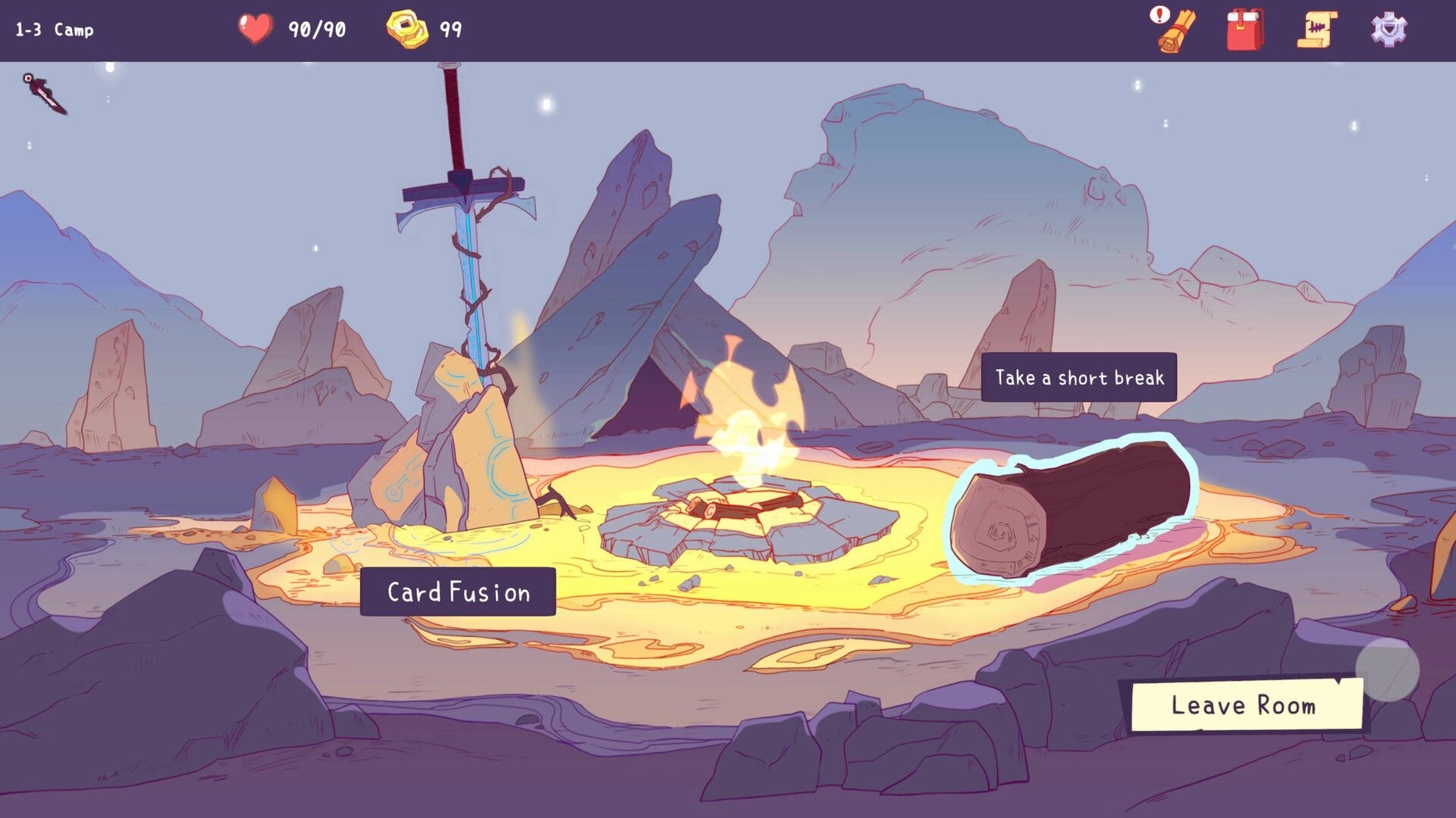 Remnants of Sin: Campfire scene with card fusion option and short break log in rocky landscape