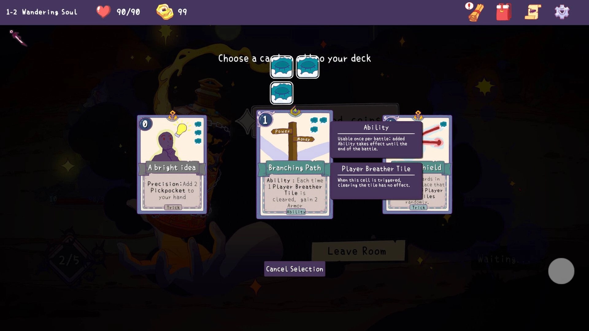 Remnants of Sin: Card selection screen with options for deck-building in a dark, mystical setting