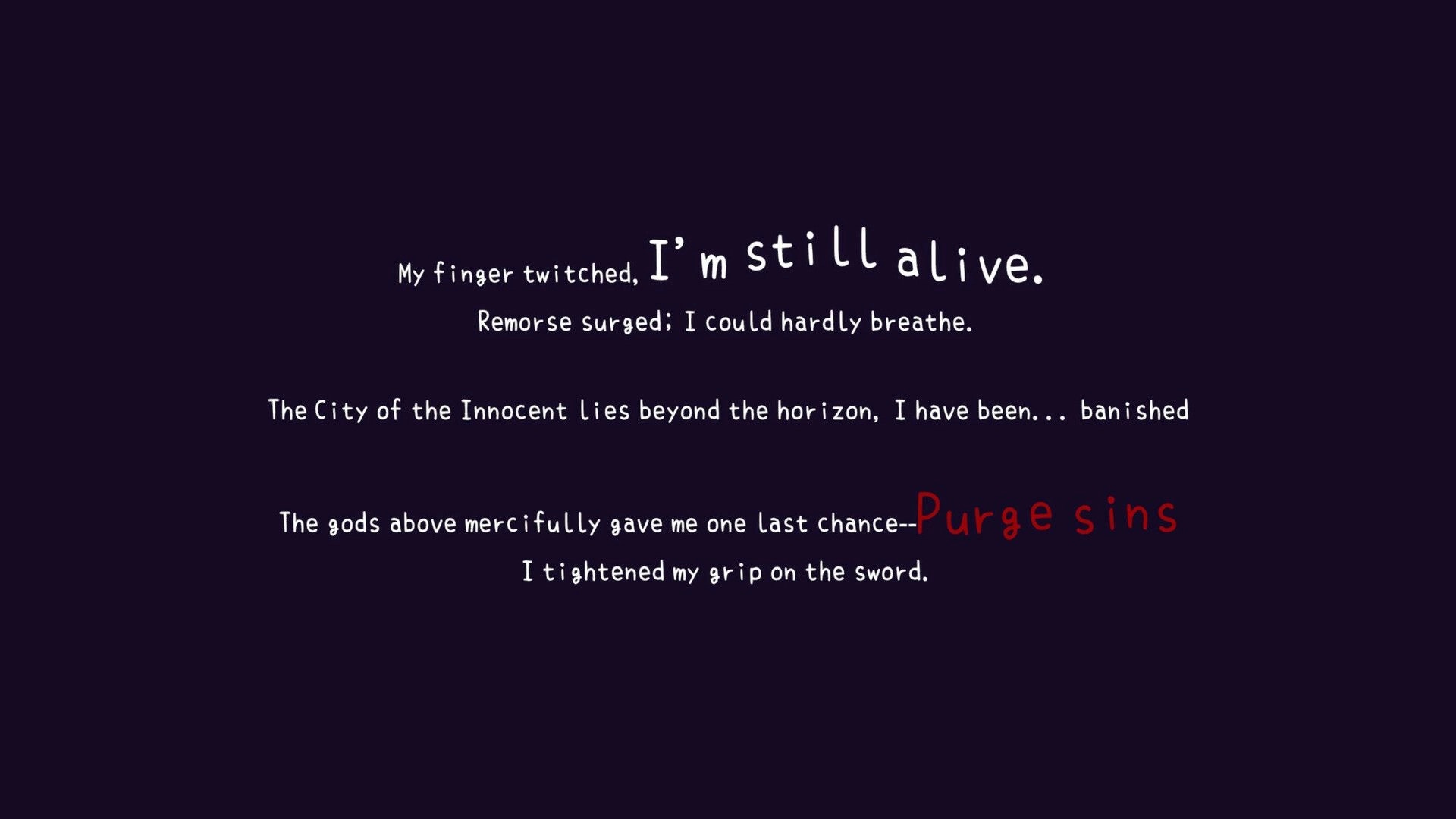 Remnants of Sin: Text narrative scene detailing hero's banishment and mission to purge sins