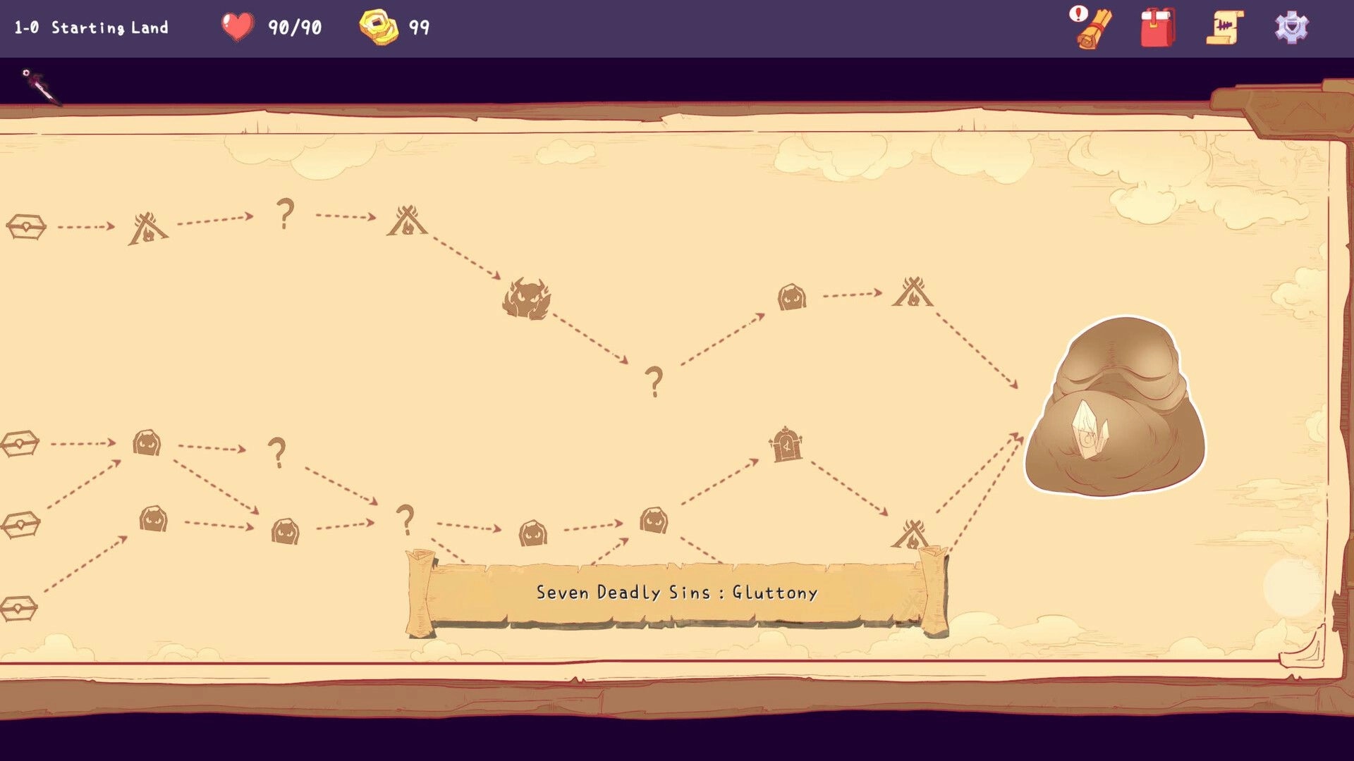 Remnants of Sin: Overworld map with branching paths and icons, highlighting Seven Deadly Sins: Gluttony