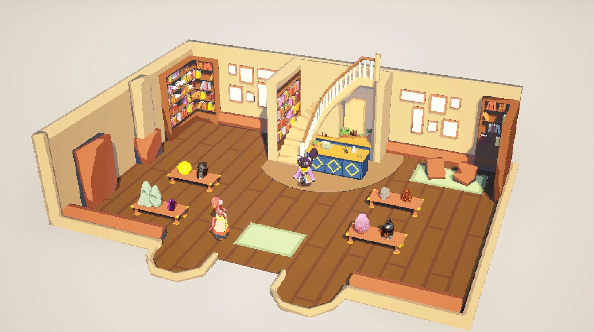 Remnants Of Yore: Character explores cozy antique shop interior with bookshelves and display tables.