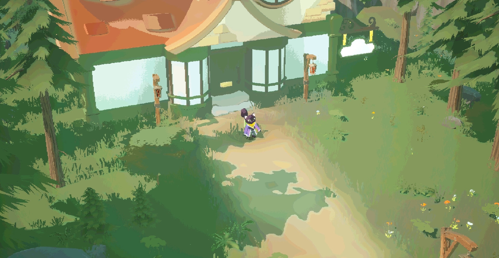 Remnants Of Yore: Character standing outside an antique shop surrounded by trees and grassy terrain.