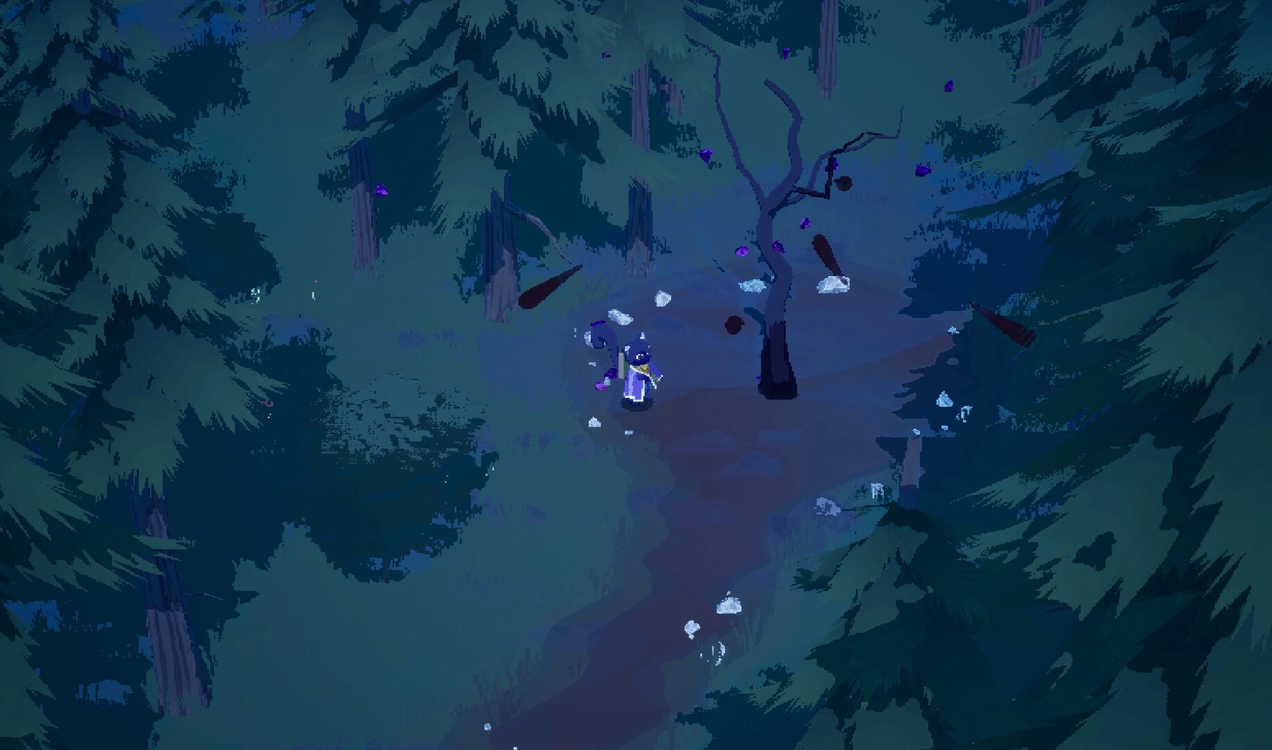 Remnants Of Yore: Character in wizard outfit exploring a dark forest clearing with scattered debris