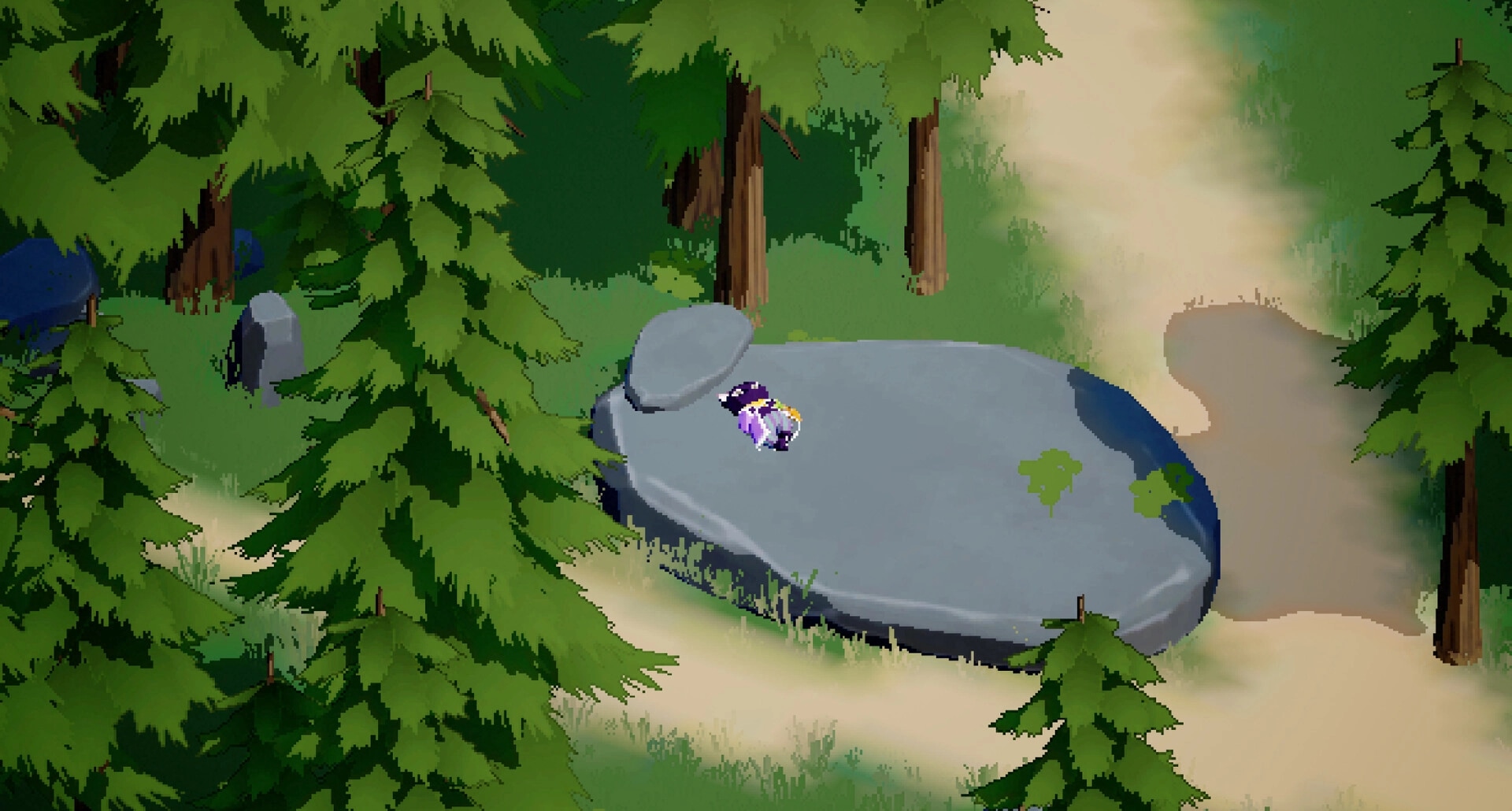 Remnants Of Yore: Character resting on large rock surrounded by dense forest path