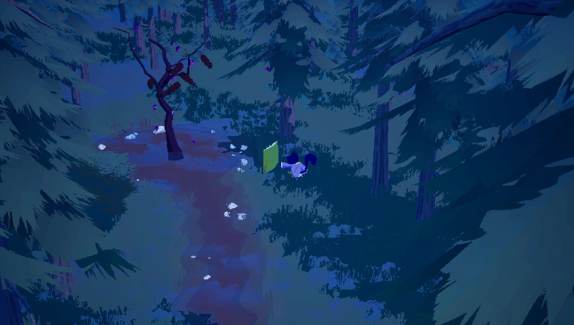 Remnants Of Yore: Character exploring a dark forest path with a twisted tree and scattered stones