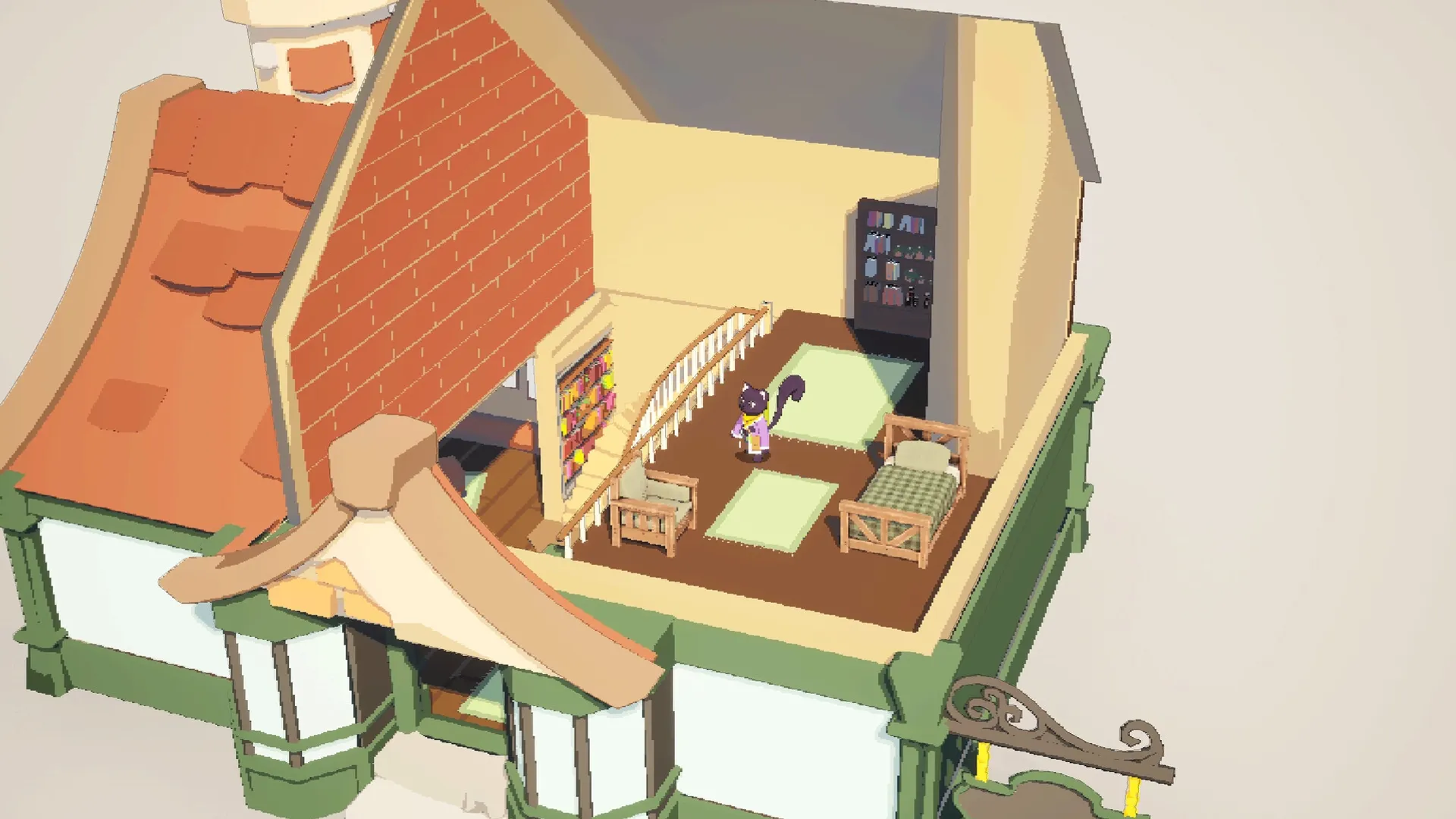 Remnants Of Yore: Character explores quaint attic with bookshelves, cozy seating, and soft lighting