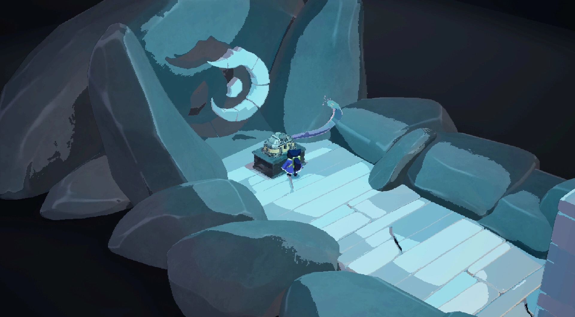 Remnants Of Yore: Character explores stone chamber with mysterious device on pedestal