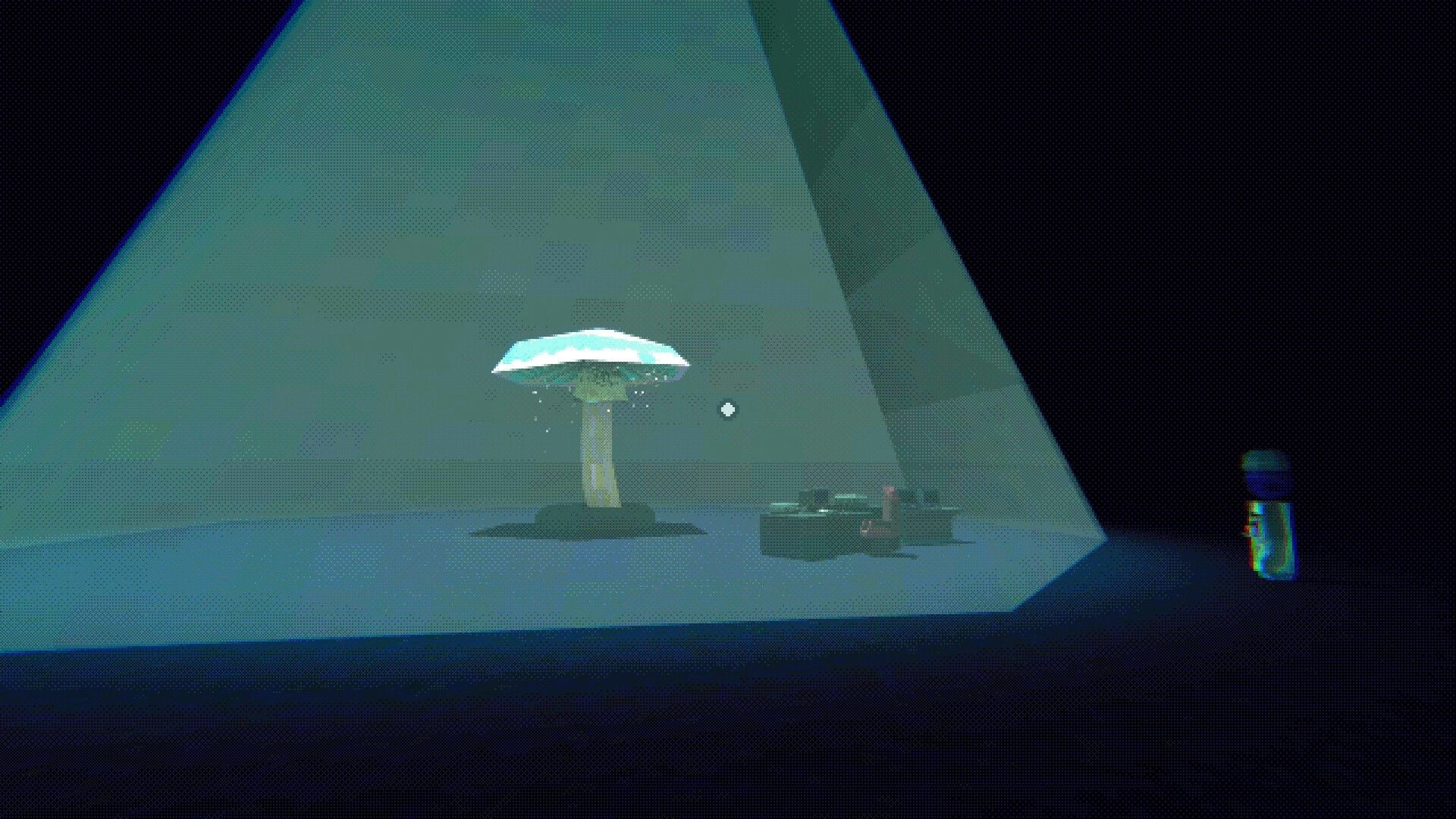 REMOTE CONTROL: Proxy watches a glowing mushroom-like structure in a dim lab chamber behind glass.