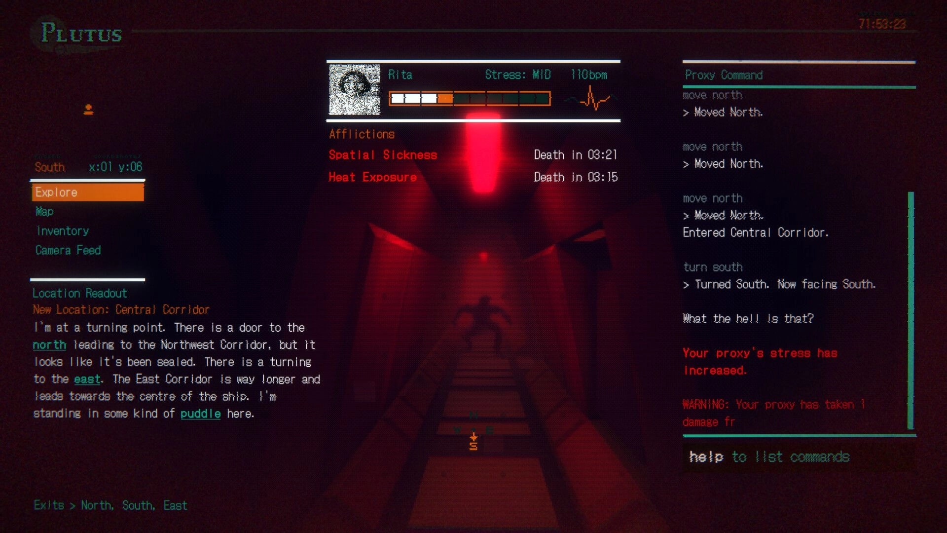 REMOTE CONTROL: Proxy command log and stress meter for Rita exploring a red-lit central corridor UI.