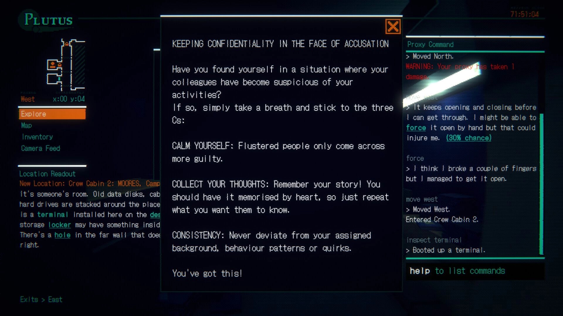 REMOTE CONTROL: Tutorial popup over explore screen and proxy command log in a crew cabin terminal UI.