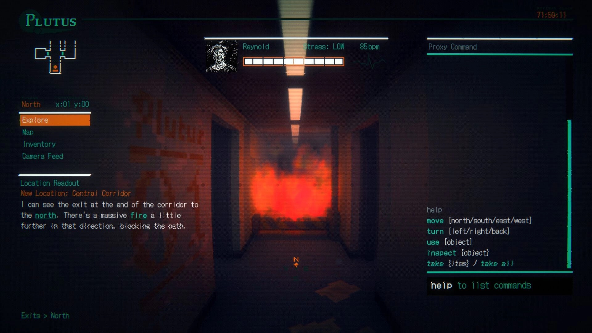 REMOTE CONTROL: Proxy explore screen with corridor fire ahead and command console UI in derelict ship.