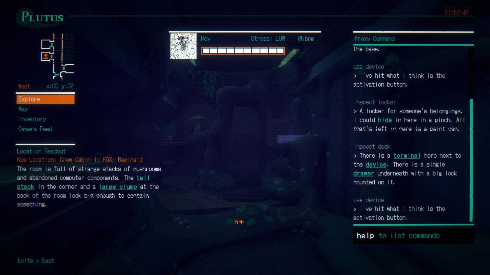 REMOTE CONTROL: Explore menu and proxy command log for Roy in Crew Cabin 1 on derelict ship.