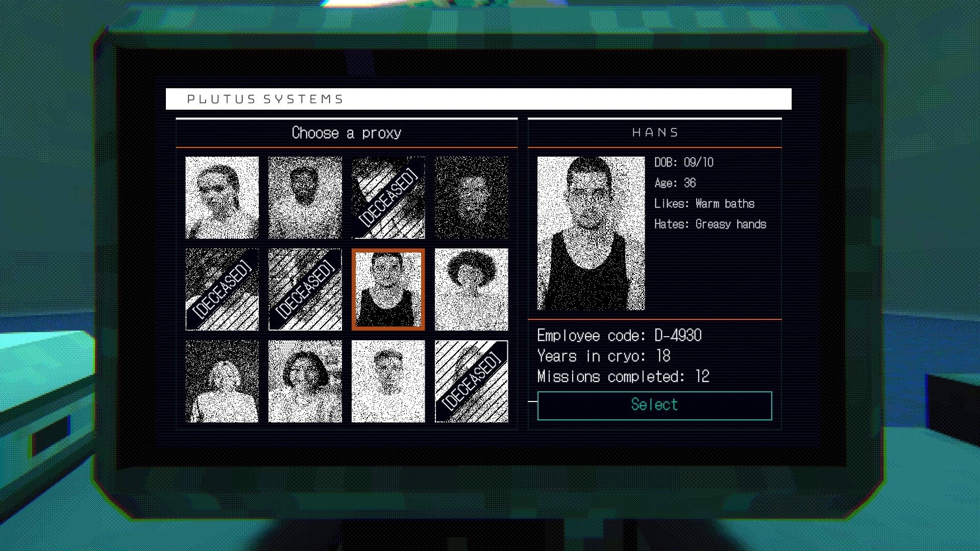 REMOTE CONTROL: Proxy selection terminal listing crew portraits and stats for Hans on spaceship console.