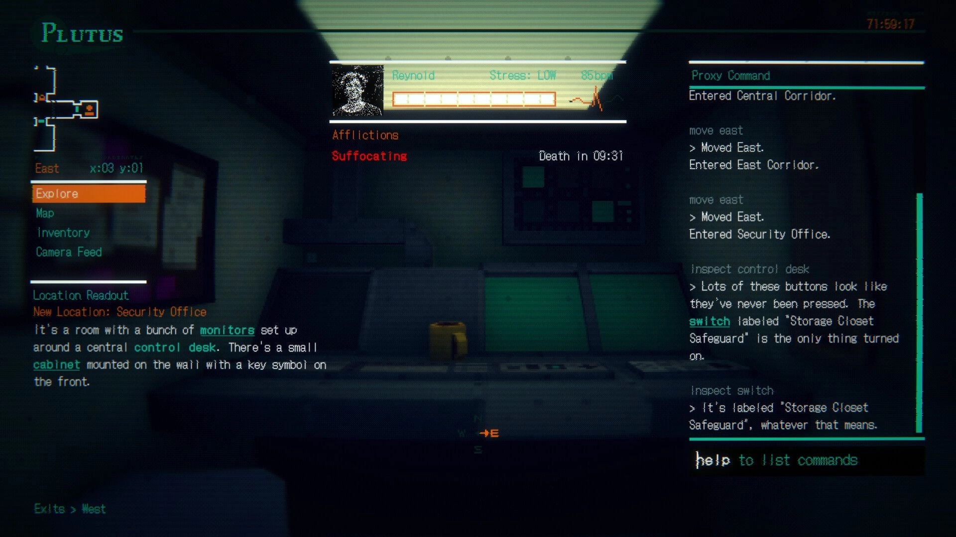 REMOTE CONTROL: Proxy command log and explore menu while inspecting a dim security office control desk.