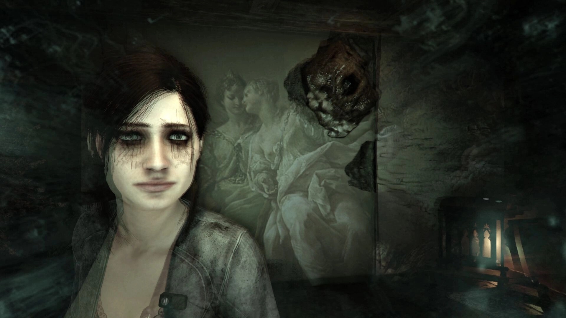 Remothered: Close-up of a pale woman with smeared mascara in a shadowy room with eerie mural art.