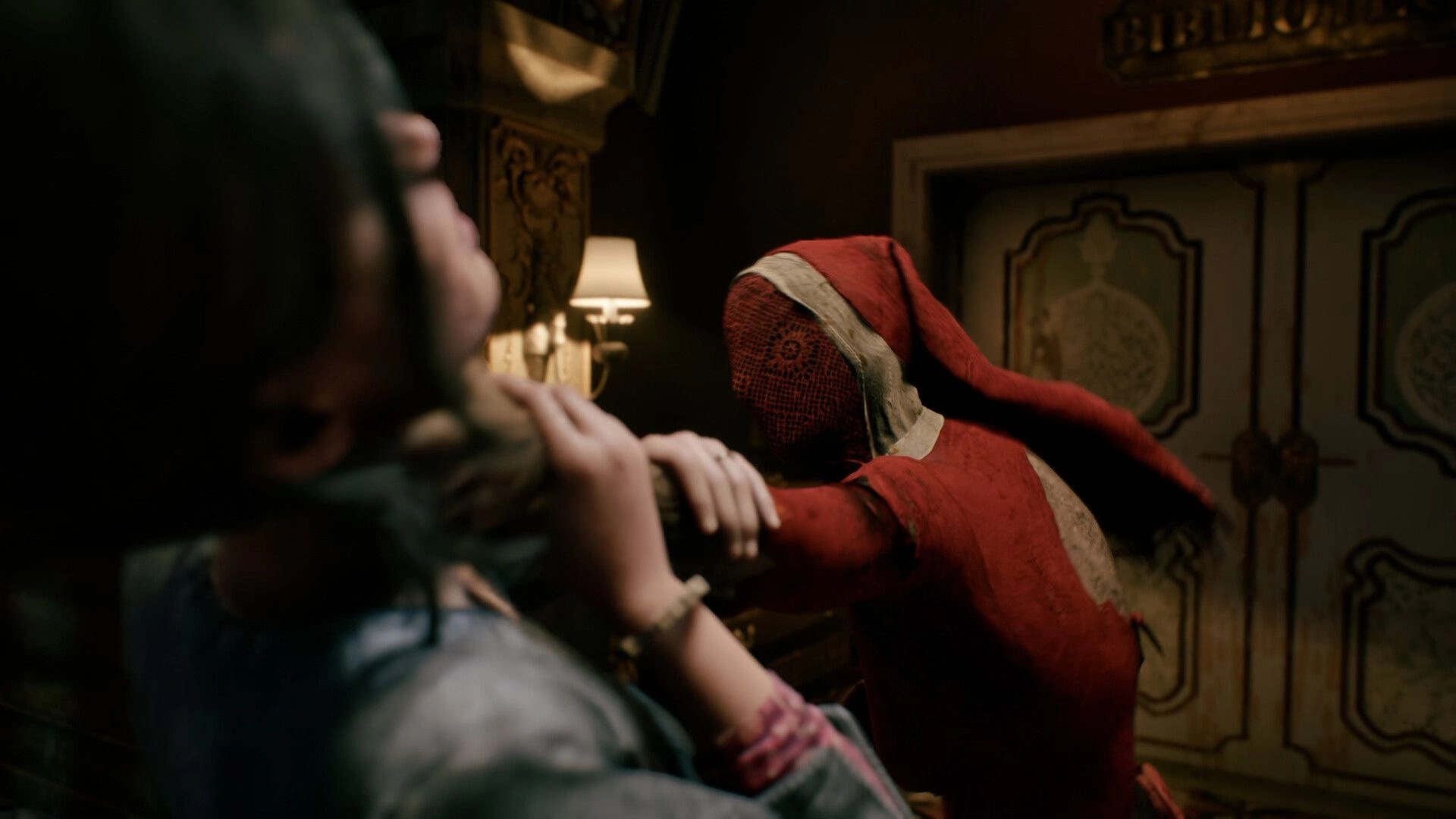 Remothered: Red Nun attacker grabs a woman by the throat in a dim, ornate bedroom interior.