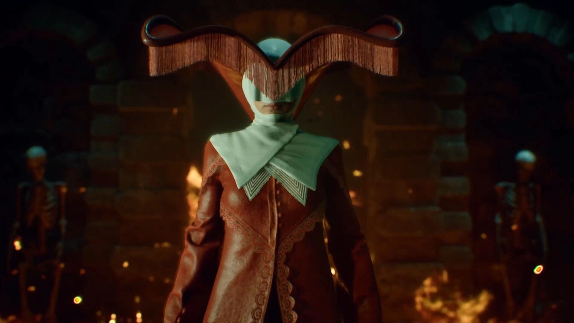 Remothered: Masked figure in ornate red nun outfit stands in smoky stone hall with embers glowing.