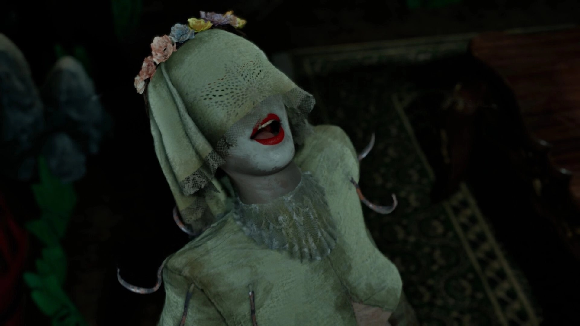 Remothered: Close-up of a masked woman with red lipstick in a dim room, head tilted back.