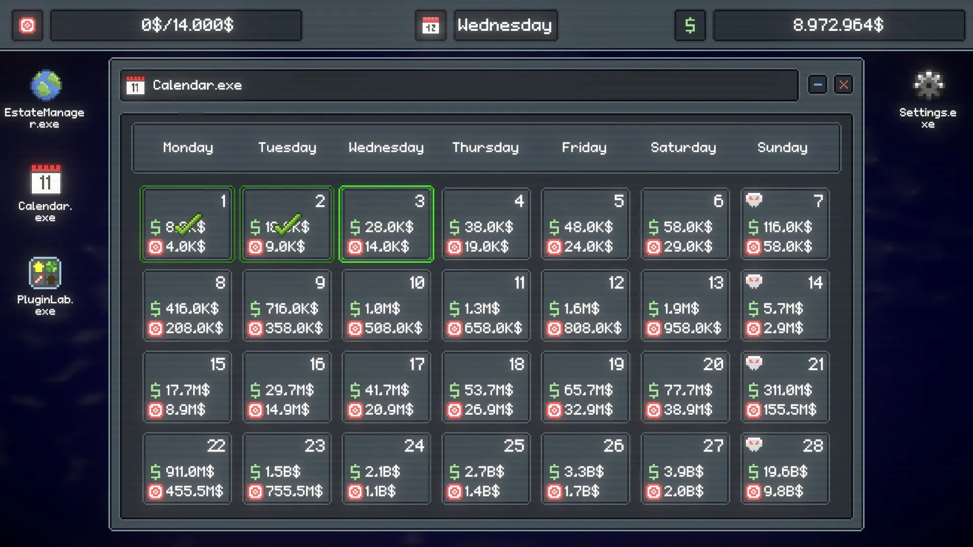 Rentlord: Calendar interface displaying daily income and expenses for strategic planning