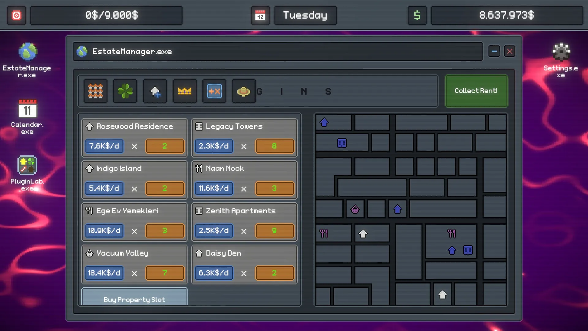 Rentlord: EstateManager.exe interface displaying properties, rent values, and a map on a desktop setting