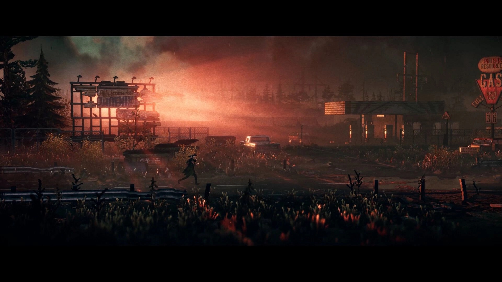 REPLACED: Lone character runs past wrecked cars toward a fenced gas station in smoky sunset haze.